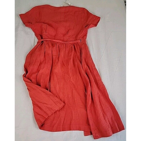 Grae Cove Linen Dress M Orange Wrap Tie Pockets V Neck Praire Cottagecore NEW - Picture 13 of 13